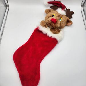 Vintage 80s Reindeer Christmas Stocking 3D Santa Hat Flat Eyes Fukei Industries